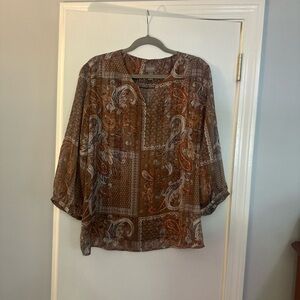Chico's Brown and Cream Boxy Blouse with 3/4 Sleeves